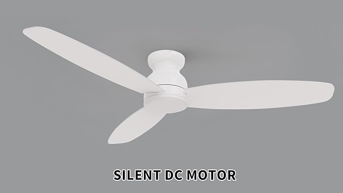 CEME 60 Inch Flush Mount Ceiling Fan without Lights, White Ceiling Fan with Remote Low Profile, 10-Speed Reversible DC Motor, 3 Dual Finish Blades, Indoor for Bedroom