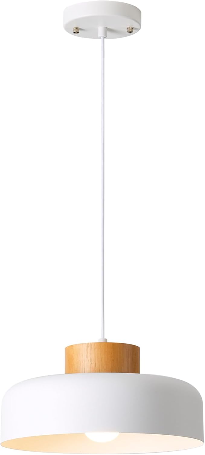 Modern Pendant Light,12.6 inch,Natural Wood Cap,Small Pendant Lighting for Kitchen Island,Dining Room,Matte White