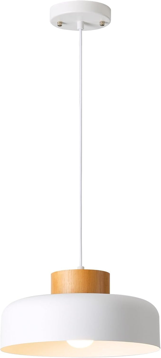 Modern Pendant Light,12.6 inch,Natural Wood Cap,Small Pendant Lighting for Kitchen Island,Dining Room,Matte White