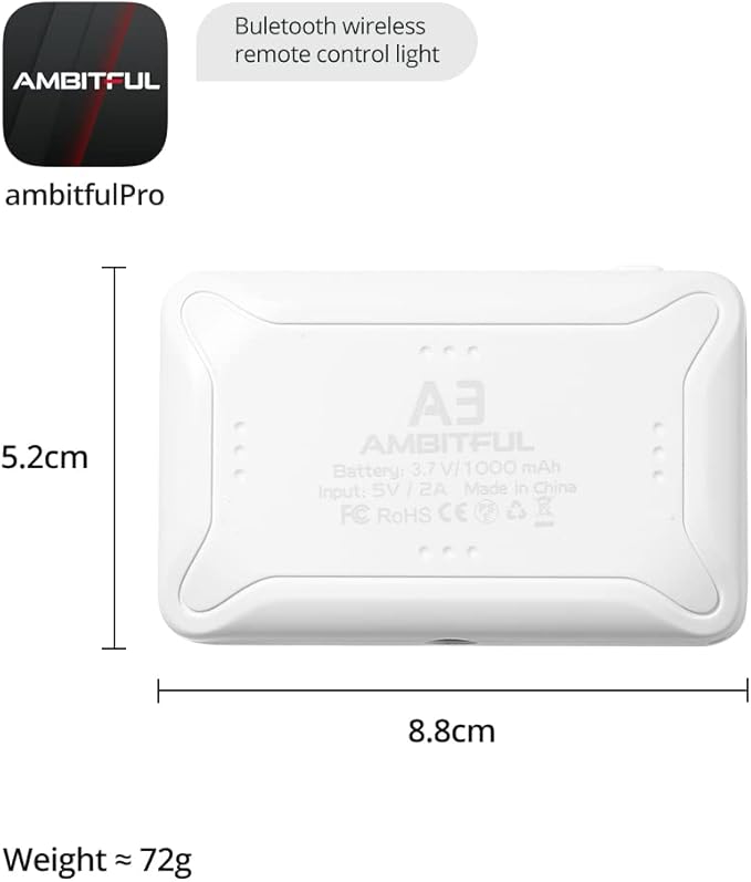 AMBITFUL A3 Full Color RGB LED Mini Light, Built-in FX Effects,350LX(0.5M,5500K) RA/95 TLCI/97,2800-6800K LED Video Light Panel with Mobile APP Control (White)