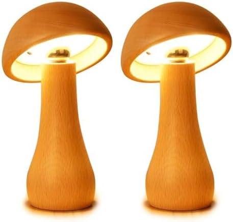Mushroom Lamp Set of 2, Portable Touch Switch Cordless Bedroom Lamps Set of 2, Rechargeable Battery Operated Night Light, Stepless Dimming, 360 Degree Rotation Table Lamps for Ideal Gifts