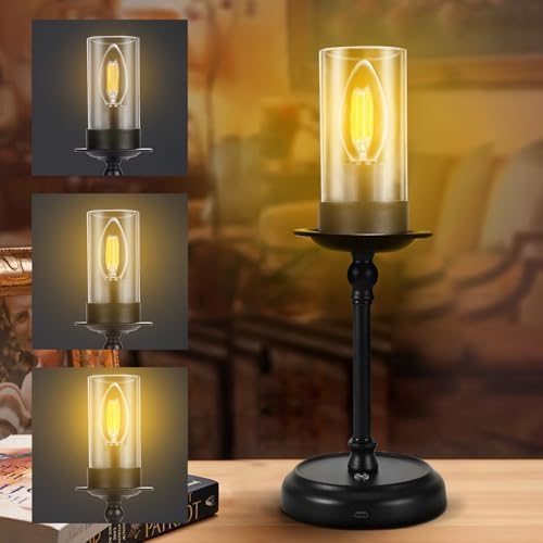 Houkiper LED Candle Table Lamp, 12.6inch Tall Vintage Desk Light with Clear Shade, 3000k Warm Light, Dimmable Night Light for Living Room, Bedroom, Office (Adapter Not Included)
