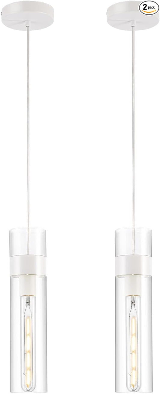 2 Pack Pendant Lights Kitchen Island (Bulbs Included), White Adjustable Modern Glass Pendant Light Over Island, Industrial Pendant Light Fixtures for Dining Room Hallway Bedroom Living Room