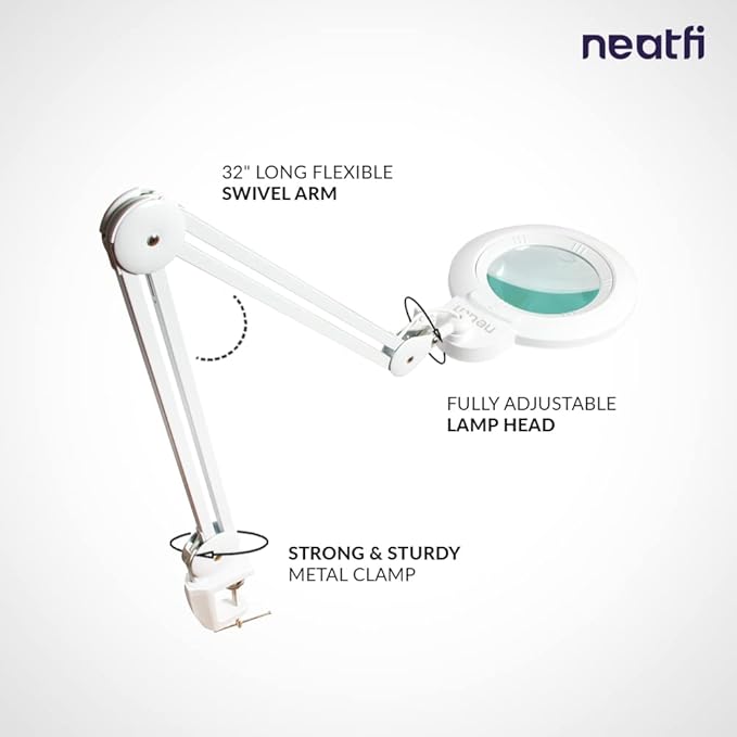 Neatfi XL Bifocal LED Magnifying Lamp – 7” Acrylic Lens, 5D/20D Magnification, 1,600 Lumens, Dimmable with 3 Light Modes, Adjustable Arm & Clamp, Lamp for Reading, Crafting (White, CCT with Clamp)