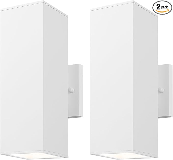 mirrea Modern Outdoor Porch Light Patio Light in 2 Lights with Aluminum Rectangular Tube and Tempered Glass Cover Waterproof Wall Sconce 2 Pack (Matte White)