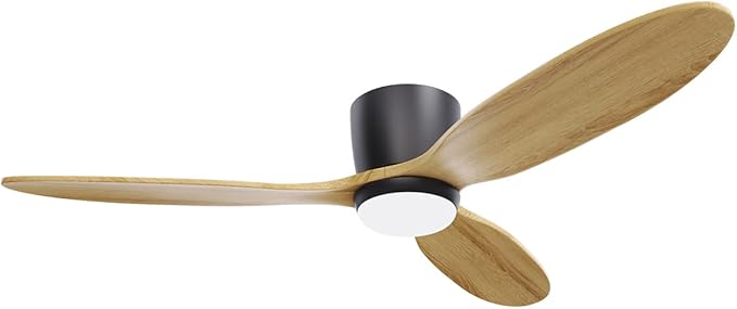 Flush Mount Ceiling Fan with Light, 52 inch Low Profile Ceiling Fans with Remote for Outdoor/Patios, 3 Color Light, 6 Speed, DC Motor, Wood and Modern Matte Black, DOE Certified
