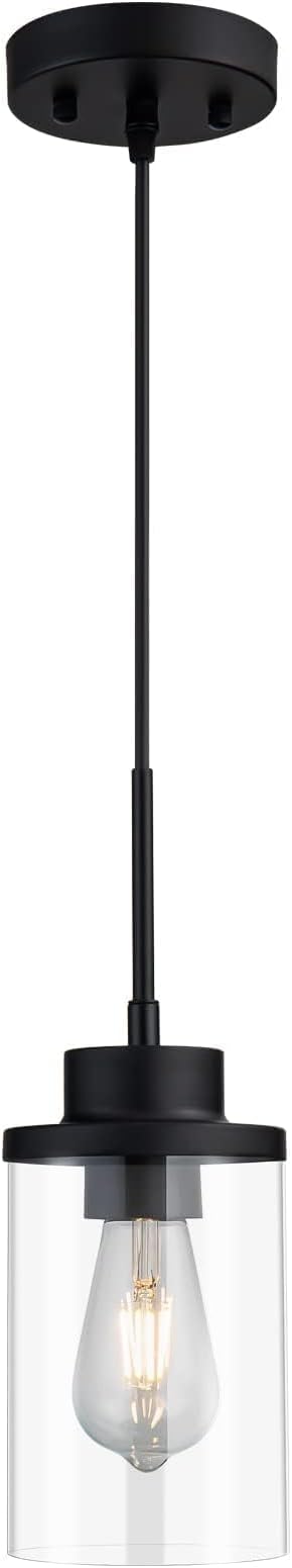 Modern Black Farmhouse Clear Glass Cylinder Pendant Light Fixture,Ceiling Hanging Metal Industrial Mini Pendant Lighting for Kitchen Island Dining Table Bedroom Hallway Foyer…