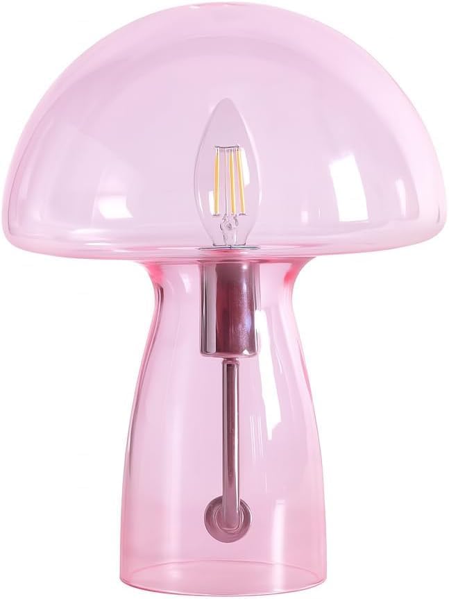Urban Lifestyle Hot Pink Mushroom Lamp,12" Glass Novelty Table Light, Plug-in Retro Decor for Bedroom, Living Room, Dorm