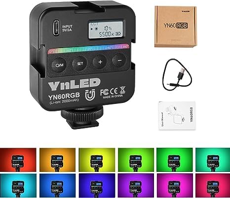YONGNUO YN60RGB 6W Video Lights, LED Camera Light 360° Full Color Portable Photography Lighting with Cold Shoe, 2000mAh Rechargeable CRI 95+ 2500-9500K Dimmable Panel Lamp Support Magnetic Attraction