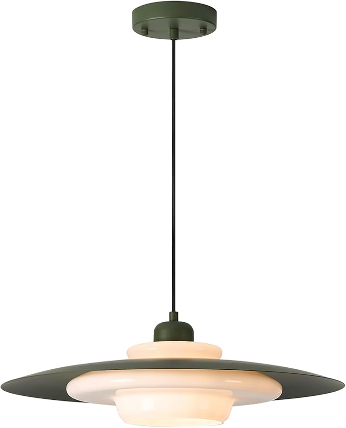 TeHenoo Mid Century Pendant Lights,Deep Green Shade,Milk White Glass,Adjustable Modern Large Pendant Lighting for Kitchen,Dining Room,Living Room