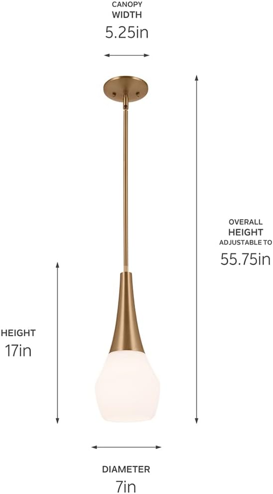 KICHLER Deela 17” Pendant Light for Kitchen Island in Champagne Bronze with Satin Etched Cased Opal Glass, 1-Light Hanging Lamp, 52529CPZ