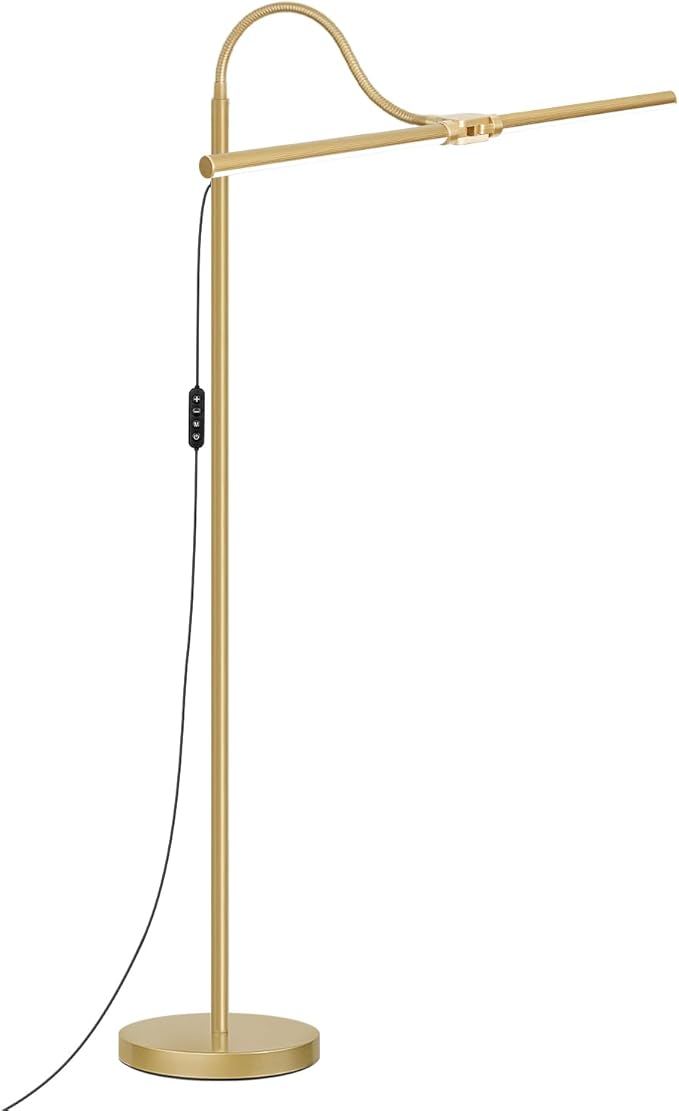 Gold Floor Lamp, 18W/2000LM Bright LED Floor Lamp for Living Room Office, Adjustable Gooseneck Dimmable Standing Task Lamp for Reading, Study, Arts, Eye Caring Craft Light for Sewing Tatoo Puzzle