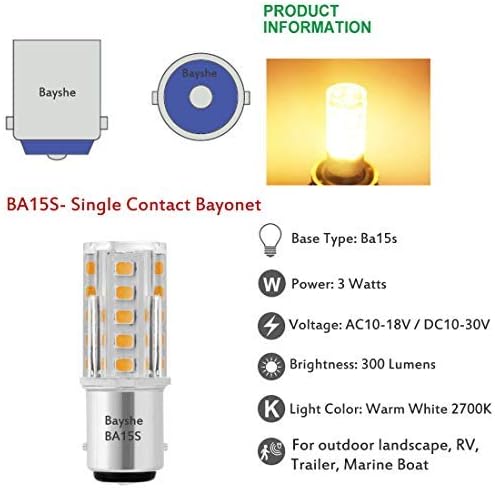12V BA15S S8 SC Bayonet Single Contact Base 1156 1141 3W LED Light Bulb 2700K Warm White,AC/DC 12volt Landscape Path Deck RV Camper Marine Boat Trailer Lighting,Pack of 5