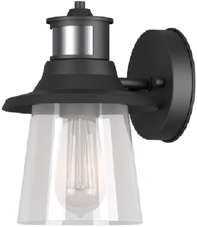 Globe Electric 32982 1-Light Motion Sensor Wall Sconce, Outdoor, Matte Black, Clear Seeded Glass Shade, 150 Degrees, 30ft. Range, Farmhouse, E26 Bulb, Porch Light, Weather Resistant