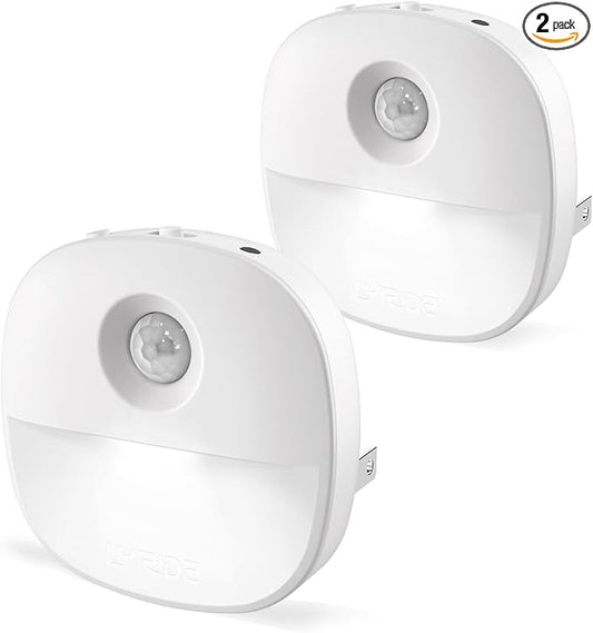 Lyridz Plug in Night Light with Motion Sensor and Dusk to Dawn Sensor, Dimmable Cool White Nightlight with 1-50lm Adjustable Brightness for Bedroom, Bathroom, Stairs, Hallway, 2 Pack