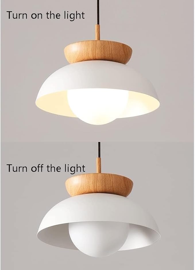 Scandinavian Modern Nordic Pendant Light with Wood Accent, Metal Dome & Frosted Globe Diffuser Suspension for Dining Table, Kitchen Island, Bedroom, Café and Entryway(White)