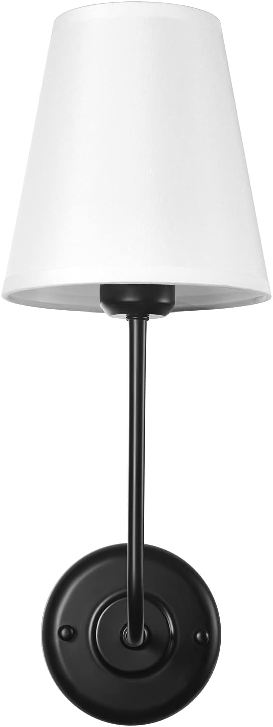 TERLEENART Hardwired Wall Sconce Set of 2 with Flared Shape White Textile Shade Curved Arm and Black Finish Metal Base,Perfect for Bedroom Living Room Bathroom Vanity Area