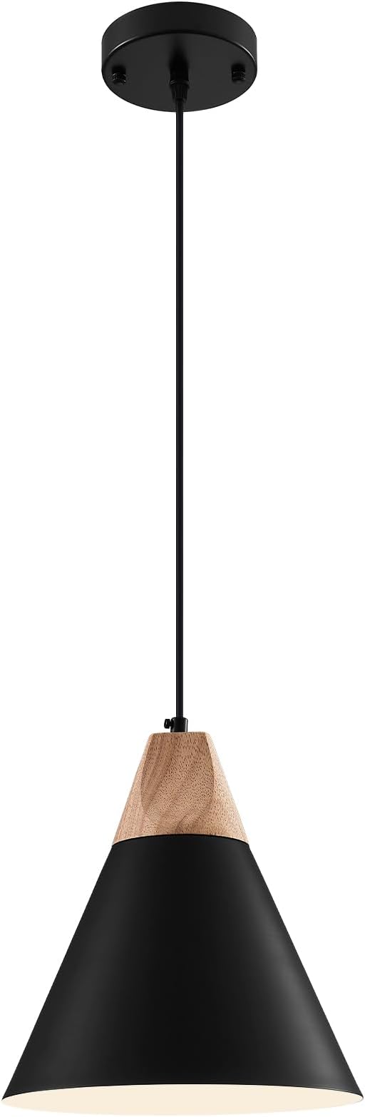 Black Pendent Light Fixtures 1 Pack 9.4 inches,Wood and Metal Kitchen Island Lights Ceiling Hanging,Pendant Lights Kitchen,Farmhouse Kitchen Light Fixtures for Bedroom,Hallway,Bar