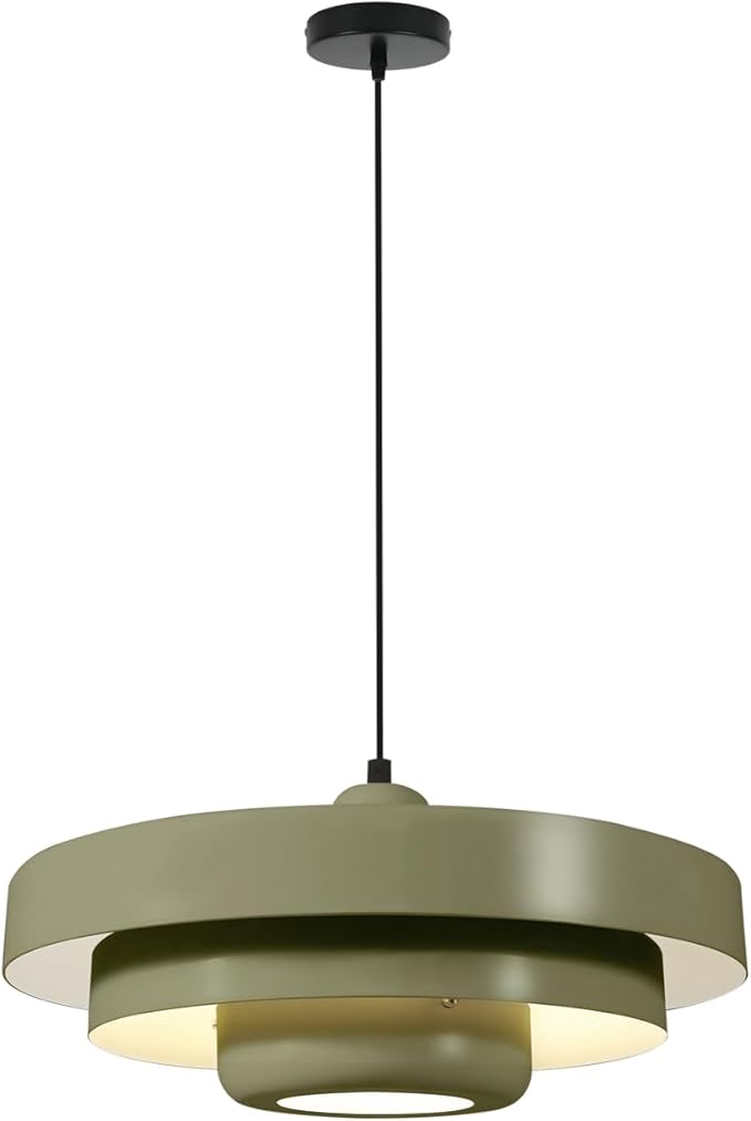 Large Olive Green Pendant Light, 17.7" Vintage Ceiling Chandelier with 3-Layer Metal Shade, Mid Century Modern Light Fixture for Dining Room, Shop, Cafe