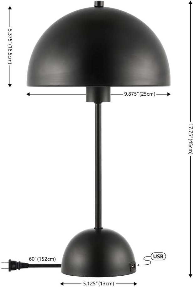 SAFAVIEH Lighting Collection Ixora Black Dome 18-inch Mushroom Table Lamp with USB Charging Port, Ideal for Living Room, Bedroom, Nightstand, Home Office, Dorm (LED Bulb Included)