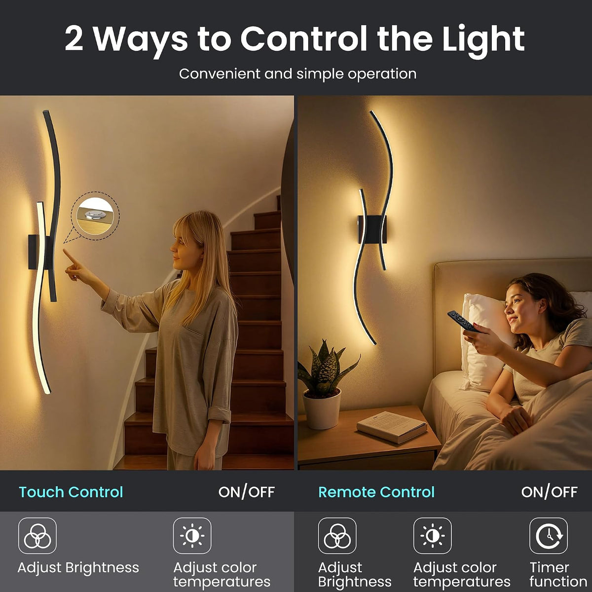 31.5-Inch Rechargeable LED Wall Sconces with Remote, Black, Set of 2