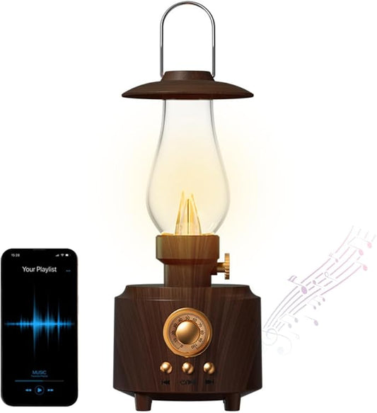 HomeBeyond Vintage Kerosene Table Lamp, Bedside Night Light with Bluetooth Speaker, Rechargeable Bedside Lights, IPX4 Waterproof Camping Lamp for Camping Party Holiday Home Decor Gift (Woodgrain)