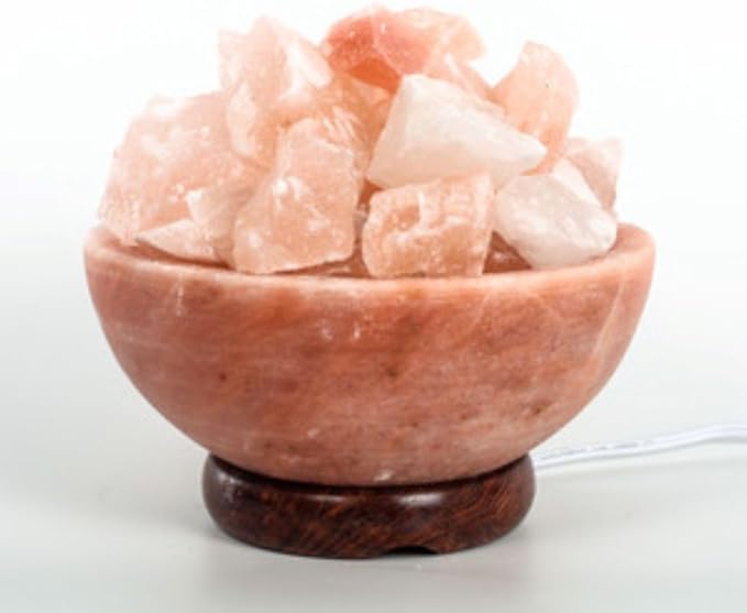 Himalayan Salt Bowl with Chunks on Wooden Base.