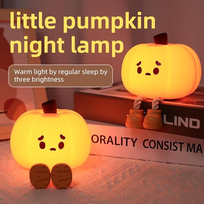 Pumpkin Night Light, Squishy LED Nursery Lamp with Timer, Rechargeable Silicone Nightlight for Kids, Dimmable Bedside Lantern for Baby Room & Easter Decor