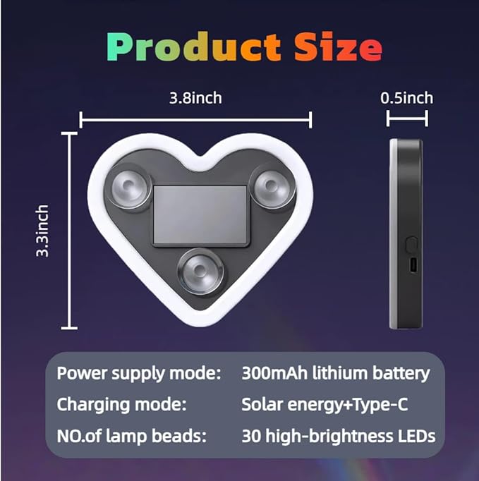 Car LED Ambient Lighting - 7 Colors 8 Modes RGB Solar Powered&USB Charging Heart-Shaped Neon Light for Window IP65 Waterproof Car Interior Light Decoration(1Pcs)