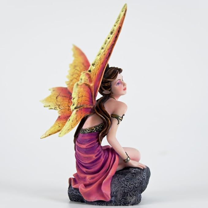 Fantasy Orange-Gold Gradient Wings Fairy Figurine, 6.1 Inch Rock Base Elf Statue, Hand-Painted Resin Decor for Indoor Garden Desk