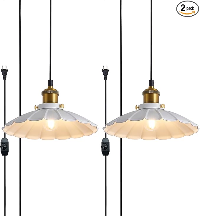 Plug in Pendant Light Industrial 9.8 Inch White Lampshade Kitchen Island On/Off Switch Hanging Lamp Plug in Adjustable 14Ft Cord Hanging Lights for Bedroom and Living Room 2Pack