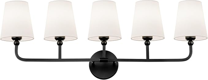Bathroom Light Fixtures, 5 Light Matte Black Vanity Lights with Flared White Fabric Shade, 35 Inch Wall Sconce, Modern Sconces Wall Lighting for Hallway Bedroom, VL837-MB-5