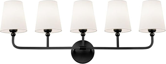 Bathroom Light Fixtures, 5 Light Matte Black Vanity Lights with Flared White Fabric Shade, 35 Inch Wall Sconce, Modern Sconces Wall Lighting for Hallway Bedroom, VL837-MB-5