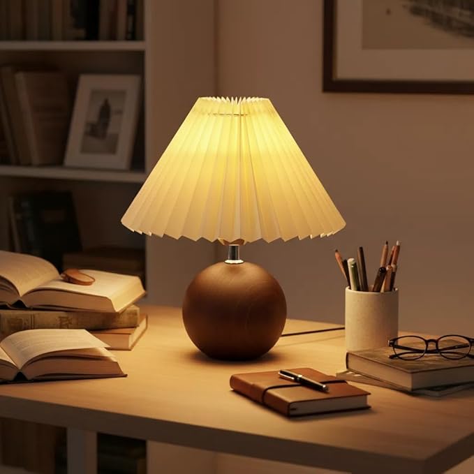 Bedside Night Table Lamp for Bedroom Three Colors Minimalist Bedside Lamp with Pleated Lampshade Small Night Light for Kids Room, Living Room, College Dorm, Home Bar