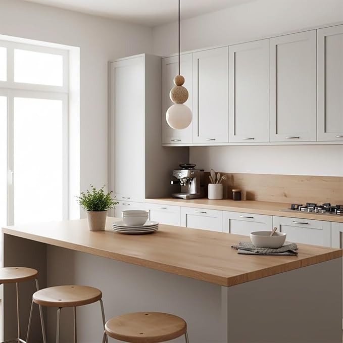 Natural Stone & Wood Pendant Light Fixture | Spherical Milk Glass Hanging Lamp | Modern Organic Ceiling Light | Adjustable Bedside Suspension Light for Dining Room, Kitchen Island, Bedroom(Solid wood)