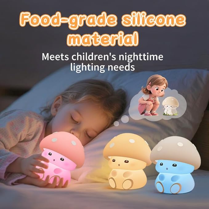 Mushroom Night Light Lamp, Soft Squishy Silicone Nursery Light with 2 Brightness Level, Touch Dimmable Baby Nightlight, Rechargeable Kid Lamp Kawaii Mushroom Gifts for Kids Baby Girls Women (Yellow)