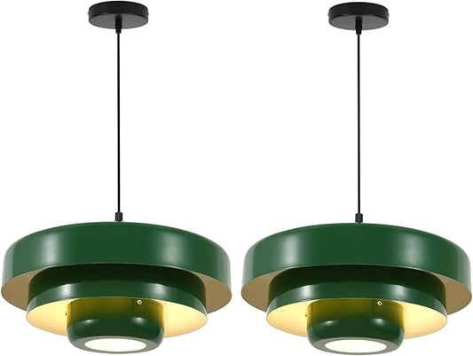 Set of 2 Green Pendant Lights, Small 3-Layer Metal Shade Chandeliers, Modern Farmhouse Island Lights for Kitchen Over Sink, Foyer, and Dining Room