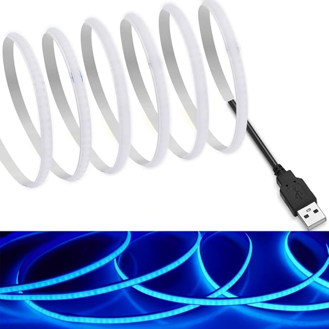 MDee】USB COB Tape Light LED Strip.6.56ft/2m- Flexible 5mm Hidden DC 5V LED Tape with 320 LEDs/m for Blue Lighting. Cuttable, Shapeable, USB Powered. Ideal for Kitchen