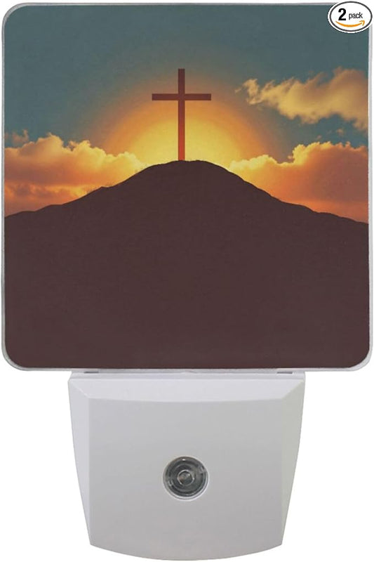 Vdsrup Easter Cross Sunrise Night Light Set of 2 Mountain He is Risen Plug-in LED Nightlights Auto Dusk-to-Dawn Sensor Lamp for Bedroom Bathroom Kitchen Hallway Stairs