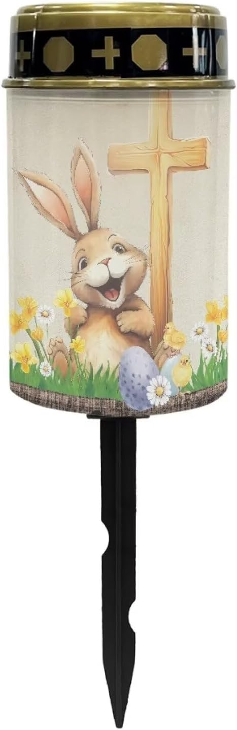 Rabbit and Cross Solar Grave Lights for Cemetery Flameless Solar Powered Light for Prayer Waterproof Cemetery Solar Lights for Grave Cemetery Easter Decor Candle Lamp