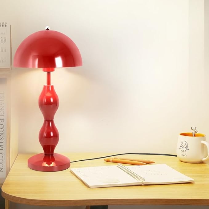 Mushroom Lamp,Red Mushroom Bedside Table Lamp for Living Room,Mid Century Vintage Table Lamps for Bedroom,Home Office Decor Desk Light,Aesthetic Nightstand Lamps,Flowerpot Desk Light,Red Iron Shade