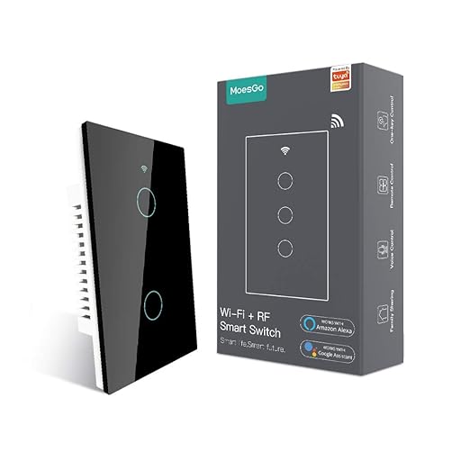 MoesGo WiFi Smart Wall Light Switch,Glass Panel, Multi-Control(3 Way), 2.4GHz Wi-Fi Touch Switches, Neutral Wire Required, Remote Control Smart Life/Tuya App, Work with Alexa, Google Home Black 2 Gang