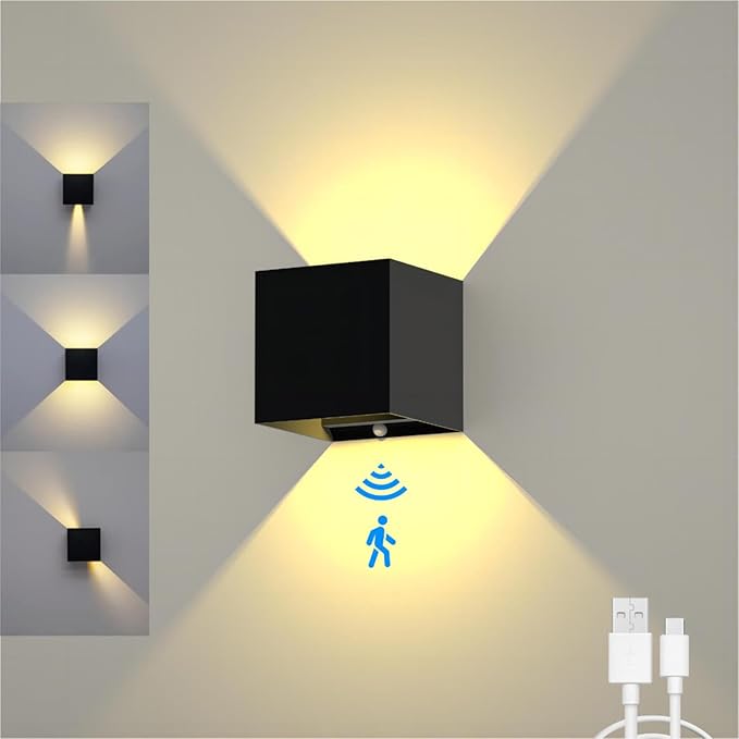 Motion Sensor Wall Light Indoor, 6000mAh Battery Operated Wall Sconce, Rechargeable Cordless Wall Lamp, LED Energy Saving Night Light for Hallway Stairway Porch, Black