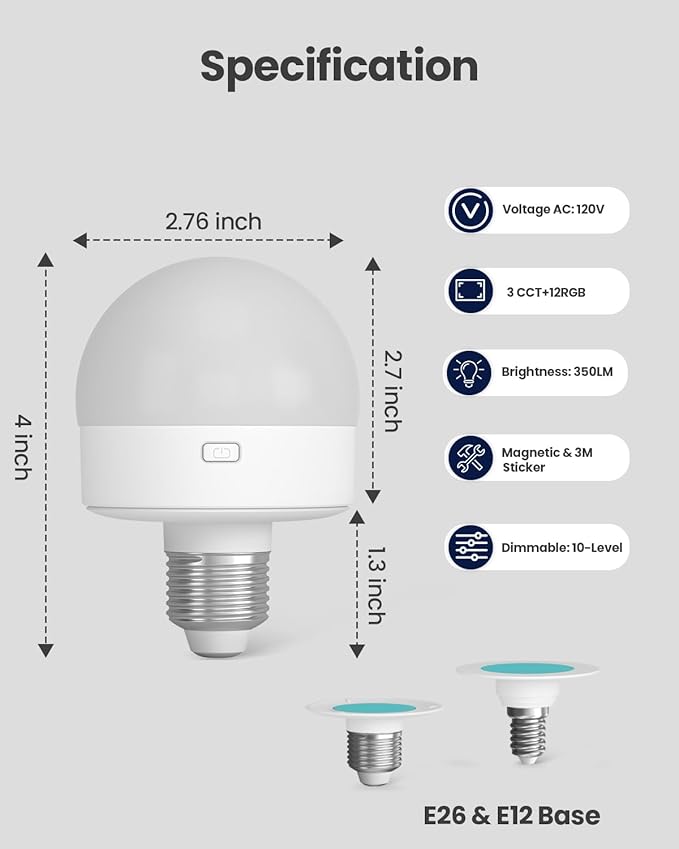 UNILAMP E26 E12 Rechargeable Battery Operated Light Bulb with Remote: 3 Colors+12 RGB Dimmable LED Bulbs with Timer, 2000mAh Magnetic Camping Puck Lights for Lamp, Porch, Emergency - 4 Pack