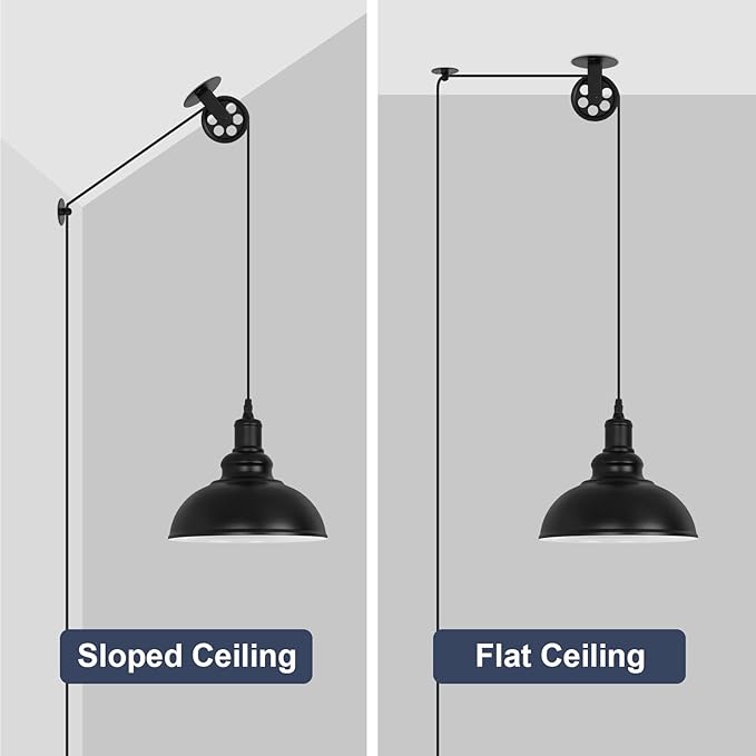 Industrial Black Plug in Pulley Pendant Light with 19.5ft Cord On/Off Switch, Modern Barn Domed Hanging Lamp Ceiling Light for Kitchen Island Dinning Living Room Bedroom Foyer (2 Pack)