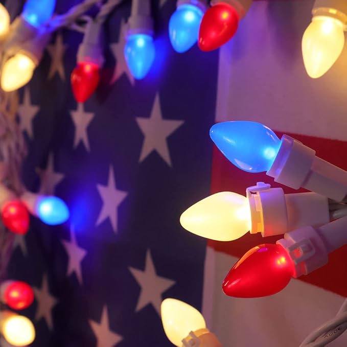 4th of July Decoration Patriotic LED C3 Glass Mini Lights 50 Count Red White Blue Plug in String Lights 120V ETL Cerfified Plug in for Indoor Outdoor Christmas Party Patio Independence Day Decoration