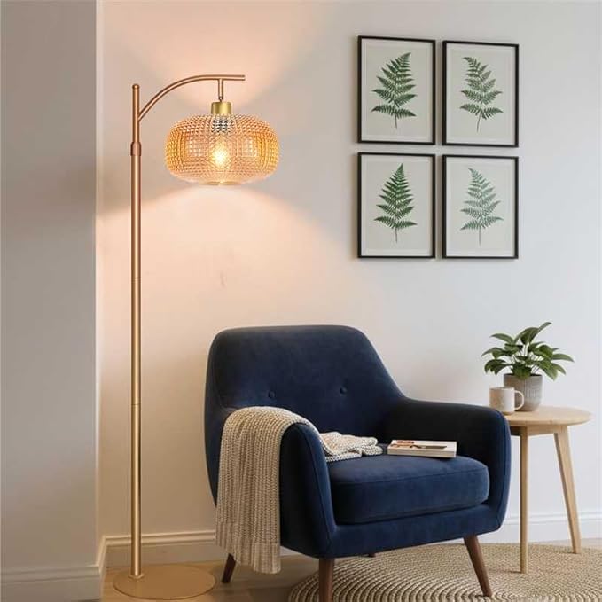 Glass Floor Lamp for Living Room with Amber Glass Lampshade, Dimmable Modern Standing Lamp with 12W LED Bulb, Remote Control Tall Lamp for Bedroom