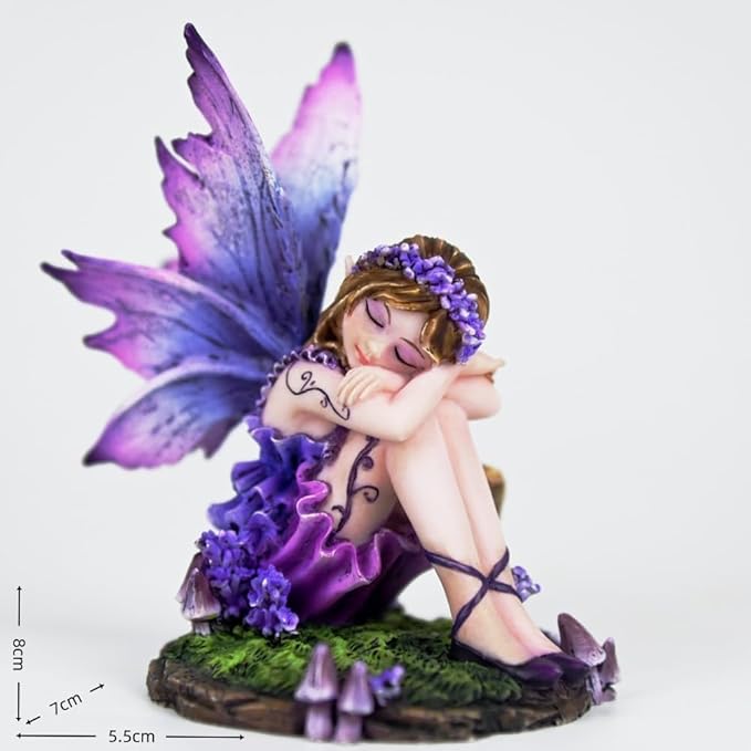 Fantasy Purple Sleeping Fairy Figurine, 3.15 Inch Blue-Purple Gradient Elf Statue, Hand-Painted Resin Decor with Flower Crown & Mini Mushroom Base for Desk, Fairy Garden, Bedroom