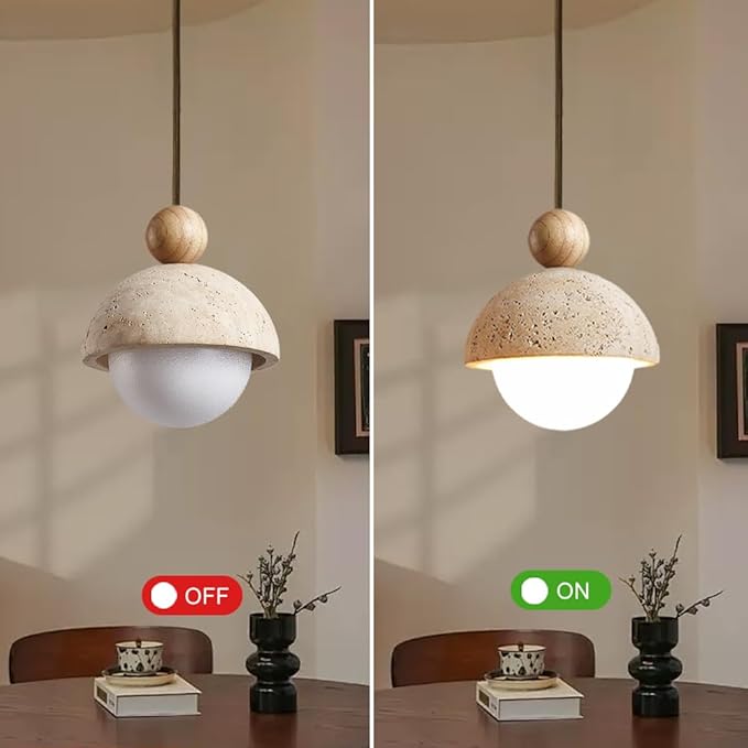 Spherical Wabi Sabi Pendant Light Natural Stone Retro Japanese Style Vintage Mini Wood Nordic Hanging Light Yellow Travertine Pendant Light Fixture for Kitchen Island Bedroom Hallway Bedside (3PCS)