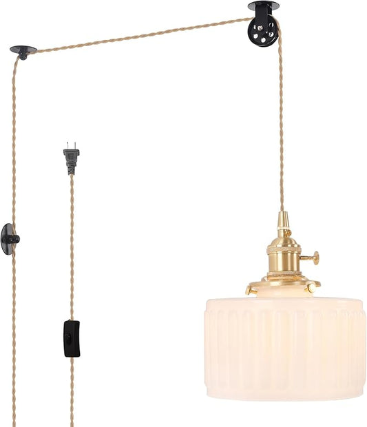 Plug in Pendant Light Hanging Light Fixture Corded On/Off Switch Brass Pendant Light with White Striped Glass Lampshade for Bedroom Living Room Kitchen Island